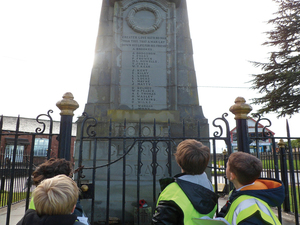 Children studying Bream war memorial, Gloucestershire © J Peach-Miles, 2012