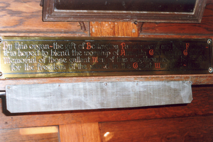 Dedicatory plaque on Holy Trinity Church memorial organ, Cheshire © Holy Trinity Church PCC, 2012
