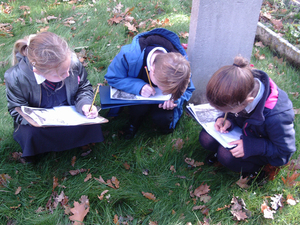 Year 3 pupils from Hopton CofE Primary School carrying out condition © War Memorials Trust, 2018 survey at Hopton war memorial, Norfolk 